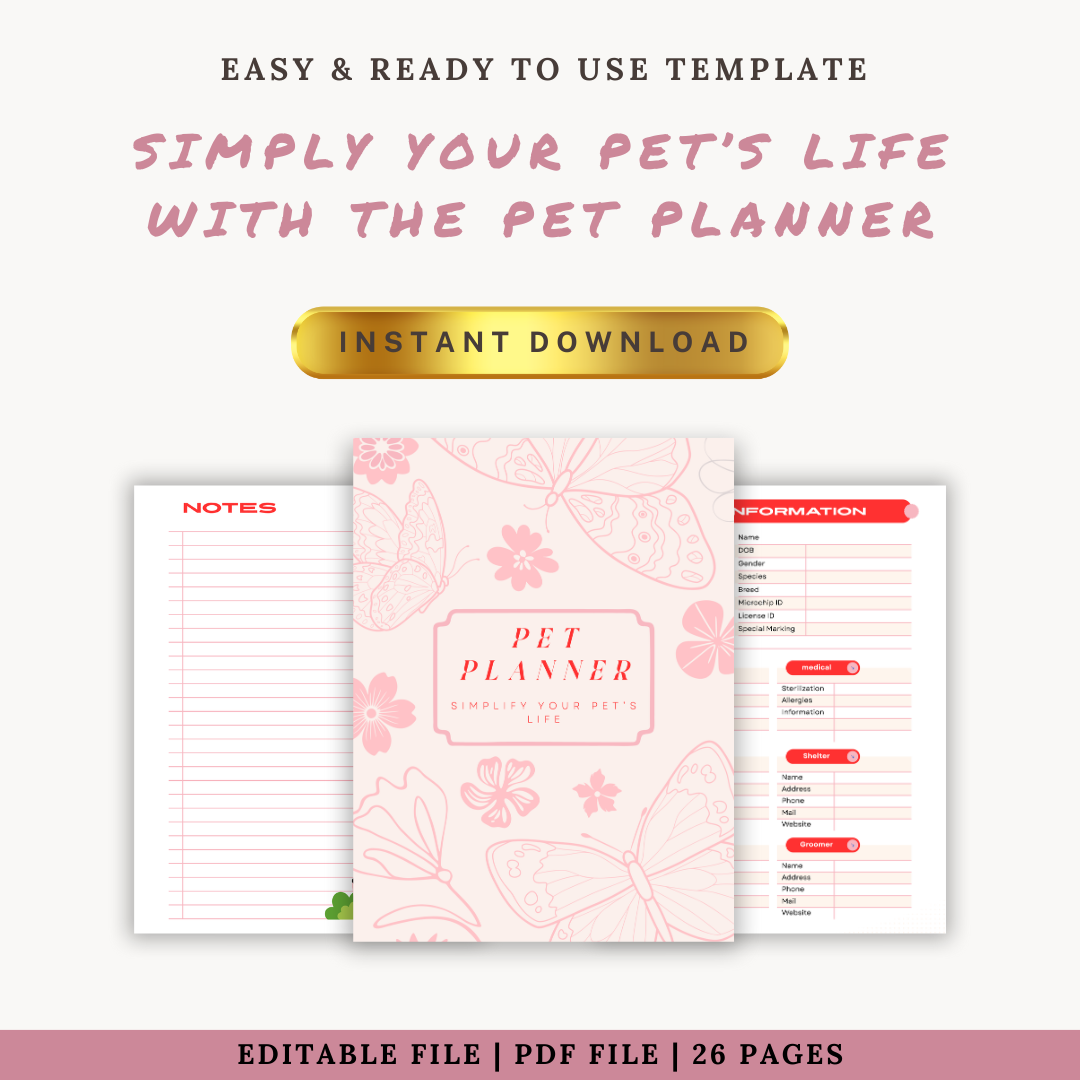 Digital Pet Planner | Track Vet Visits, Meals, Grooming & Training