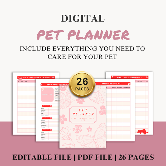 Digital Pet Planner | Track Vet Visits, Meals, Grooming & Training